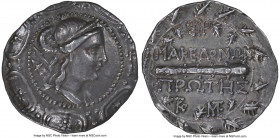 MACEDON UNDER ROME. First Meris. Ca. 167-148 BC. AR tetradrachm (31mm, 16.75 gm, 11h). NGC Choice VF 4/5 - 4/5. Diademed and draped bust of Artemis ri...