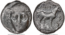 THRACE. Aenus. Ca. 450-400 BC. AR diobol (10mm, 11h). NGC VF. Head of Hermes facing slightly left, with brimless petasus / AINI, goat standing right; ...