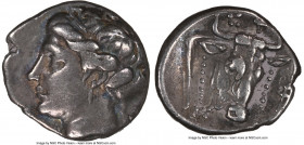 EUBOEA. Euboean League. Ca. 304-290 BC. AR drachm (16mm, 3.82 gm, 12h). NGC VF 5/5 - 4/5. Head of the nymph Euboea left / EY, filleted head of bull ri...