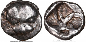 CIMMERIAN BOSPORUS. Panticapaeum. Ca. 480-470 BC. AR hemiobol (9mm). NGC Choice Fine. Lion head facing / Quadripartite incuse square. HGC 7, 40-42 (he...