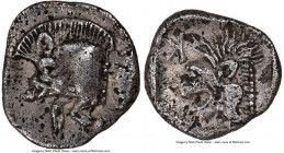 MYSIA. Cyzicus. Ca. 5th century BC. AR obol (9mm, 2h). NGC XF. Forepart of boar left, tunny upward behind / Head of lion left; retrograde K in upper l...