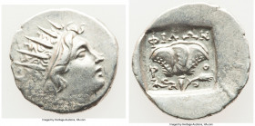 CARIAN ISLANDS. Rhodes. Ca. 88-84 BC. AR drachm (15mm, 2.02 gm, 11h). XF. Plinthophoric standard, Philon, magistrate. Radiate head of Helios right / Φ...