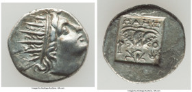 CARIAN ISLANDS. Rhodes. Ca. 88-84 BC. AR drachm (15mm, 2.39 gm, 11h). VF. Plinthophoric standard, Maes, magistrate. Radiate head of Helios right / MAH...