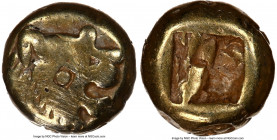 LYDIAN KINGDOM. Alyattes or Walwet (ca. 610-546 BC). EL 1/12 stater or hemihecte (7mm, 1.15 gm). NGC Fine, countermarks. Sardes mint. Head of roaring ...