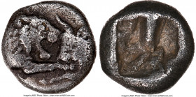 LYDIAN KINGDOM. Croesus (561-546 BC). AR hemihecte or 1/12 stater (8mm). NGC VF. Persic standard, Sardes. Confronted foreparts of lion on left and bul...