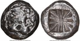 LYCIAN DYNASTS. Uncertain ruler. Ca. 520-480 BC. AR stater (16mm). NGC VF. Stylized head of lion right with triangular eye / Incuse square with lines ...