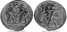 PAMPHYLIA. Aspendus. Ca. 380-250 BC. AR stater (24mm, 12h). NGC Fine, brushed. Two wrestlers grappling; NF between (N retrograde) / Slinger standing r...