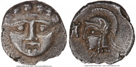 PISIDIA. Selge. Ca. 4th century BC. AR obol (10mm, 1h). NGC Choice XF. Head of gorgoneion facing with flowing hair / Head of Athena left, wearing cres...
