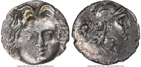 PISIDIA. Selge. Ca. 3rd-2nd centuries BC. AR obol (10mm). NGC AU, scratches. Head of gorgoneion facing with flowing hair / Head of Athena right, weari...