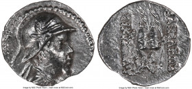 BACTRIAN KINGDOM. Eucratides I (ca. 170-145 BC). AR obol (11mm, 12h). NGC Choice XF, brushed. Diademed and draped bust right, wearing crested helmet d...