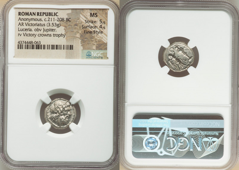 Anonymous. Ca. 211-208 BC. AR victoriatus (16mm, 3.53 gm, 4h). NGC MS 5/5 - 4/5,...