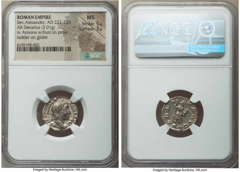 Severus Alexander (AD 222-235). AR denarius (18mm, 3.01 gm, 12h). NGC MS 5/5 - 3...