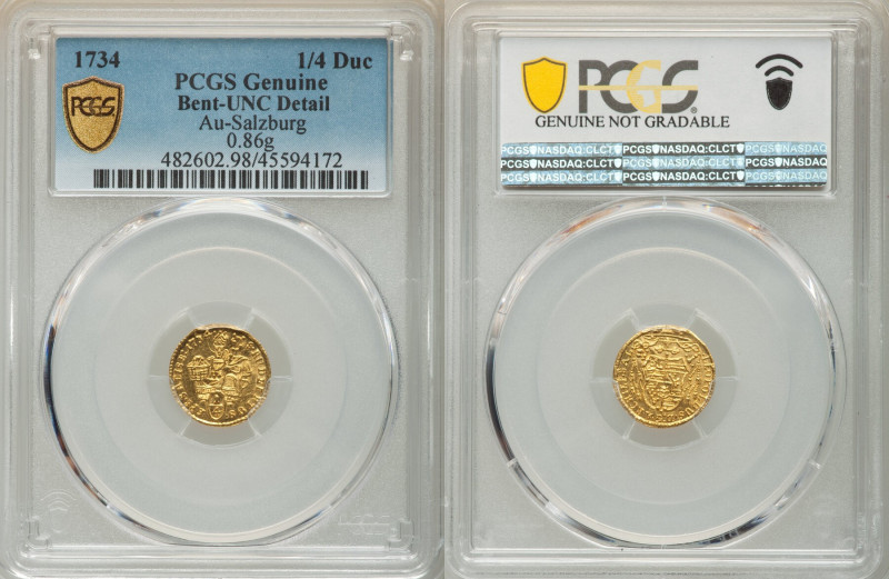 Salzburg. Leopold Anton Eleutherius gold 1/4 Ducat 1734 UNC Details (Bent) PCGS,...