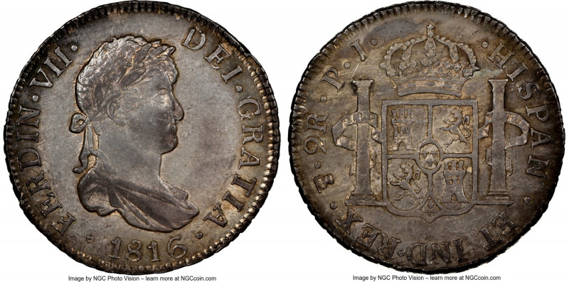 Ferdinand VII 2 Reales 1816 PTS-PJ AU58 NGC, Potosi mint, KM83. An interesting r...