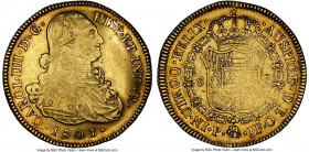 Charles IV gold 8 Escudos 1801 P-JF AU50 NGC, Popayan mint, KM62.2. An offering with satiny surfaces and well defined devices that are maintained desp...