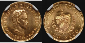 Republic gold Peso 1915 MS64 NGC, Philadelphia mint, KM16, Fr-7. Mintage: 6,850. Two-year type. A choice representative with satiny surfaces dripping ...