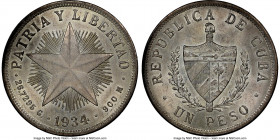 Republic "Star" Peso 1934 MS64+ NGC, Philadelphia mint, KM15.2. An attractive offering with champagne toning and cartwheel luster. 

HID09801242017...