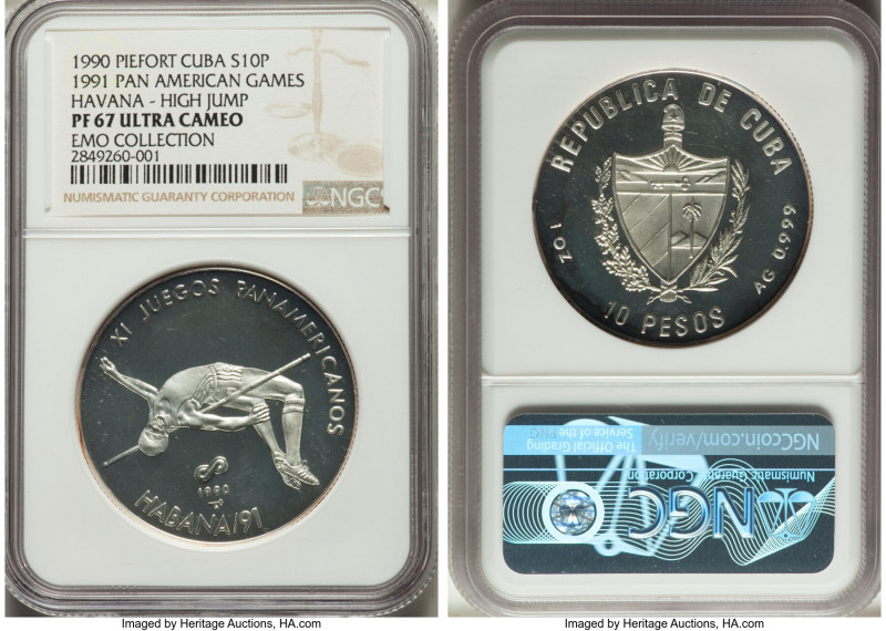 Republic silver Proof Piefort "High Jump" 10 Pesos 1990 PR67 Ultra Cameo NGC, KM...