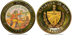 Republic brass Proof Colorized Prueba "Pirates of Caribbean - Captain Kidd" 10 Pesos 1995 PR67 S Cameo NGC, KM-XPn100. Reeded edge. Ex. EMO Collection...
