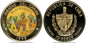 Republic brass Proof Colorized Prueba "Pirates of the Caribbean - Blackbeard" 10 Pesos 1995 PR69 Ultra Cameo NGC, KM-XPn89. Plain edge. Ex. EMO Collec...
