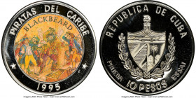 Republic copper-nickel Proof Colorized Prueba "Pirates of the Caribbean - Blackbeard" 10 Pesos 1995 PR69 Ultra Cameo NGC, KM-XPn99. Plain edge. Ex. EM...