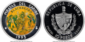 Republic aluminum Proof Colorized Prueba "Pirates of the Caribbean - Blackbeard" 10 Pesos 1995 PR69 Ultra Cameo NGC, KM-XPn94. Reeded edge. Ex. EMO Co...