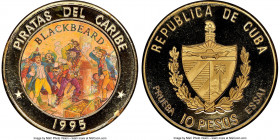 Republic gilt-alloy Proof Colorized Prueba "Pirates of the Caribbean - Blackbeard" 10 Pesos 1995 PR68 Ultra Cameo NGC, KM-XPn91. Plain edge. Shield fu...