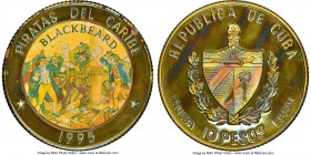 Republic brass Proof Colorized Prueba "Pirates of the Caribbean - Blackbeard" 10 Pesos 1995 PR67 Cameo NGC, KM-XPn88. Reeded edge. Shield with special...