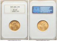 Christian IX gold 20 Kroner 1873 (h)-CS MS65 NGC, Copenhagen mint, KM791.1, Fr-295. First year issue. An offering that exhibits sun-gold surfaces and ...