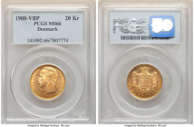 Frederick VIII gold 20 Kroner 1908 (h)-VBP MS66 PCGS, Copenhagen mint, KM810, Fr-297. First year issue. A butter-gold specimen that presents with cart...