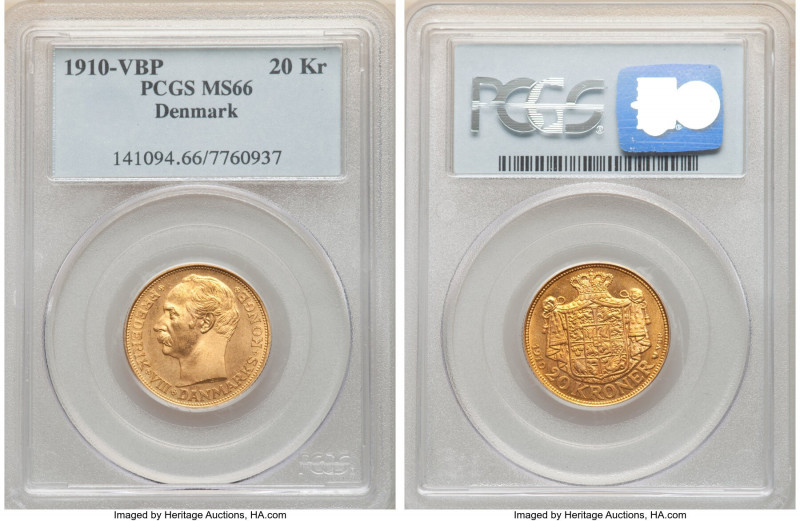 Frederick VIII gold 20 Kroner 1910 (h)-VBP MS66 PCGS, Copenhagen mint, KM810, Fr...