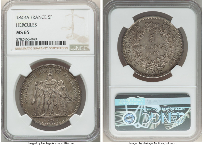 Republic 5 Francs 1849-A MS65 NGC, Paris mint, KM761.1. Two year type. Hercules ...