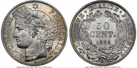 Republic 50 Centimes 1894-A MS66 NGC, Paris mint, KM834.1. Bearing the second highest grade awarded to this variety by NGC, this offering displays whi...