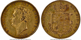 George IV gold Sovereign 1826 AU58 NGC, KM696, S-3801. Existing reflective field displayed beneath an antiqued honey golden perspective. 

HID098012...