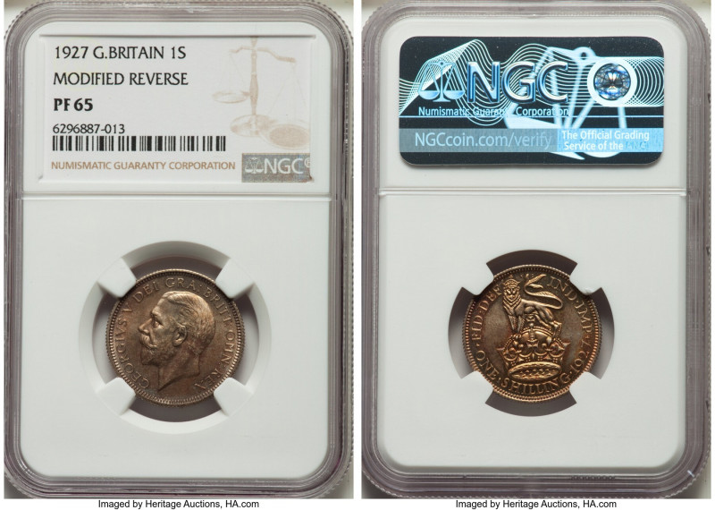 George V Proof Shilling 1927 PR65 NGC, KM833. Mintage: 15,000. Modified Reverse....