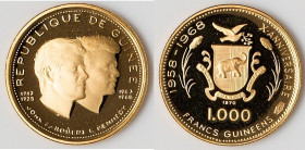 Republic gold Proof "John and Robert Kennedy" 1000 Francs 1970 UNC, KM17. 18mm. 4.0gm. Mintage: 6,600. An offering with high contrast between its fros...