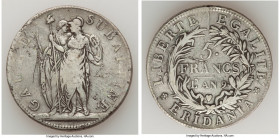 Piedmont. Subalpine Republic 5 Francs L'An 9 (1801) VF, KM-C4, Mont-09. 37mm. 24.6gm. A salt-silver offering with black silhouette toning that accentu...