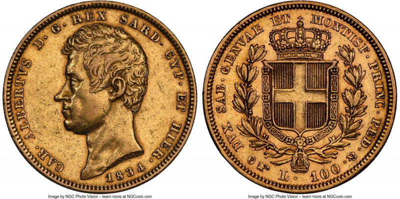 Sardinia. Carlo Alberto gold 100 Lire 1834 (Eagle)-P AU53 NGC, Turin mint, KM133...