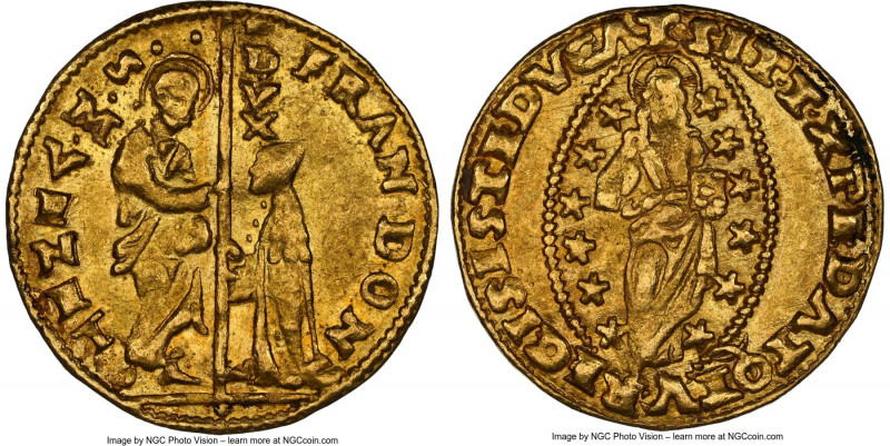 Venice. Francesco Dona gold Zecchino ND (1545-1553) AU58 NGC, KM-MB102, Fr-1250....