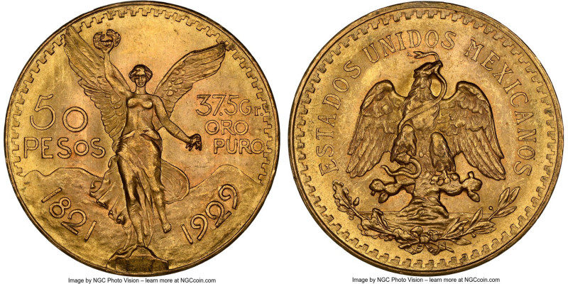 Estados Unidos gold 50 Pesos 1929 MS63 NGC, Mexico City mint, KM481, Fr-172. An ...