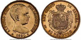 Alfonso XIII gold 20 Pesetas 1890 (90) MP-M AU58 NGC, Madrid mint, KM693. A near Mint State representative with light honey coloration that dissipates...