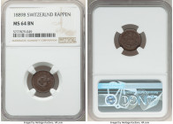 Confederation Rappen 1889-B MS64 Brown NGC, Bern mint, KM3.1. Scarce date. A specimen that exhibits dark chocolate toning with hints of teal and mauve...