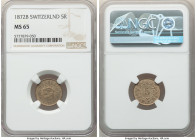 Confederation 5 Rappen 1872-B MS65 NGC, Bern mint, KM5, MHZ-21211e. A definitive strike with muted but satisfying hazel surfaces. 

HID09801242017
...