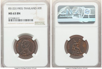 Rama V Att RS 122 (1903) MS63 Brown NGC, KM-Y22. Dark chocolate toning with apricot silhouettes that emphatically frame the definitely struck devices....