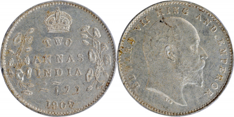 1909, King Edward VII, Silver 2 Annas, Calcutta Mint, no mm, (PR # 562/GK # 986)...