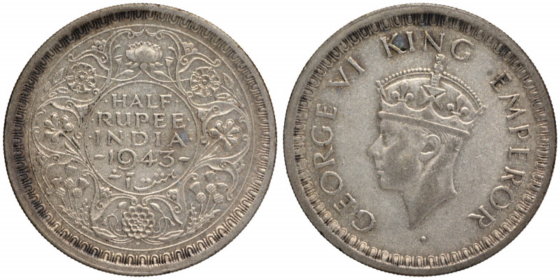 1943, King George VI, Silver ½ Rupee, Bombay Mint, B/III/diamond, head type II, ...