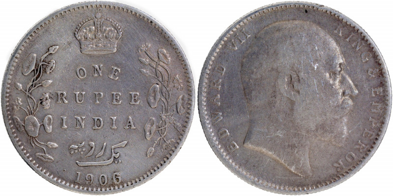 1906 (6 over 5), King Edward VII, Silver Rupee, Bombay Mint, traces of numeral '...