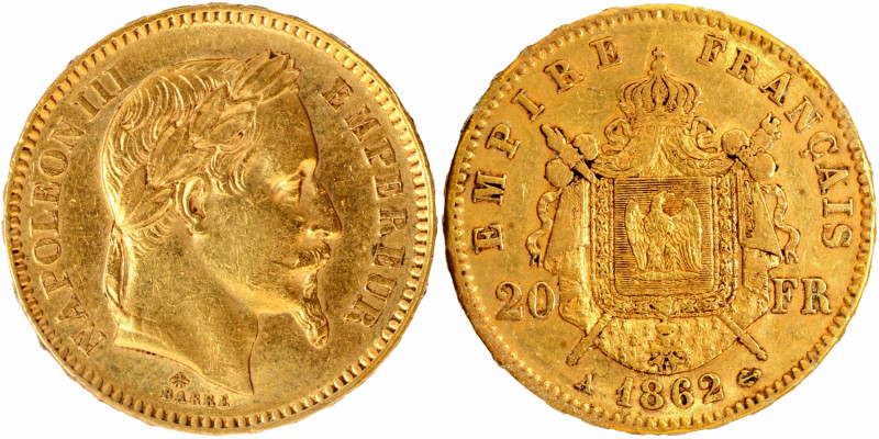 France, Napoleon III (1852-1870), Gold 20 Francs, 1862 A, Paris Mint, Obv: the l...