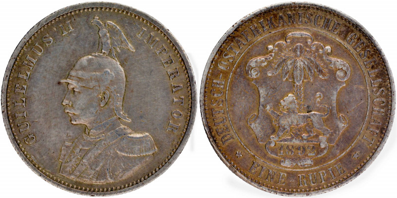 German East Africa, Kaiser Wilhelm II, Silver 1 Rupie (Rupee), 1892, Obv: helmet...