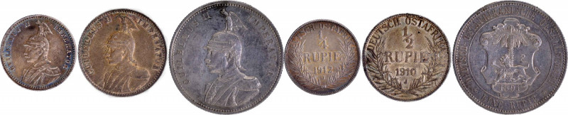 German East Africa, Kaiser Wilhelm II, Silver, Set of 3 Coins, 1⁄4 Rupie, 1⁄2 Ru...